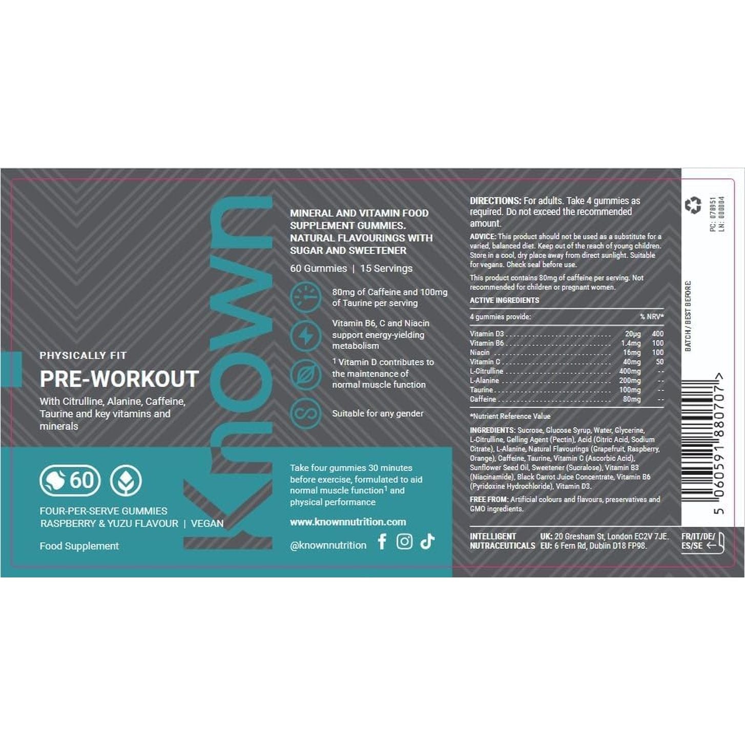 Known Delicious Pre-Workout Gummies - 80Mg Caffeine, 100Mg Taurine, B Vitamins - Natural Raspberry & Yuzu Flavour - 60 Vegan Gummies, 15 Servings