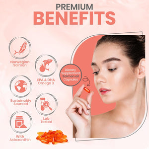 Norwegian Salmon Oil with Astaxanthin 1000Mg - 4 Months / 120 Days Supply - Pink Peptide Omega 3 6 9 Capsules High Strength - Rich in EPA, DHA & DPA, Burpless Taste
