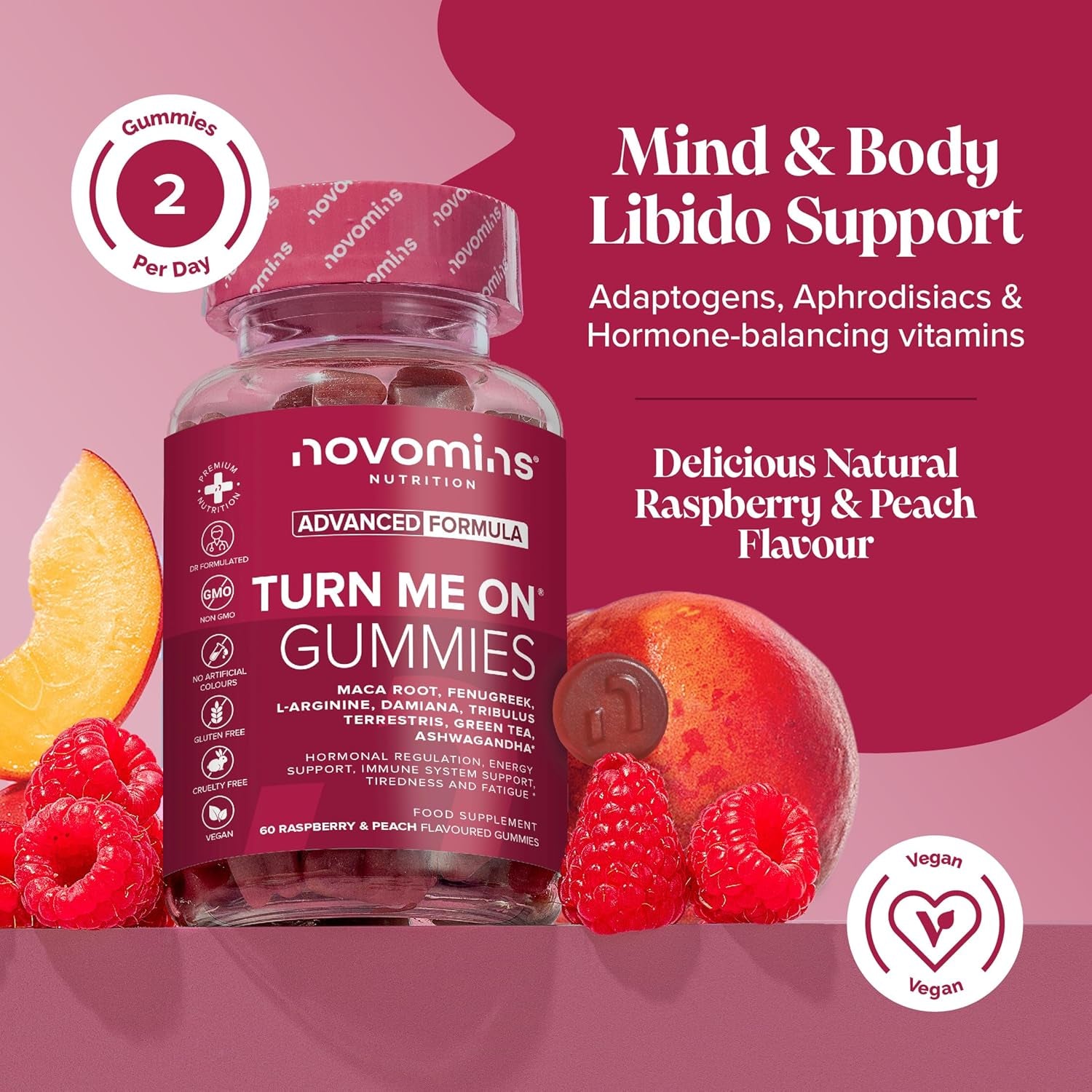 Turn Me on Gummies Women - Maca Root, Damiana, Fenugreek, Zinc, Vitamin B6 & Ashwagandha - Gluten-Free & Vegan - 60 Gummies for Women - Novomins