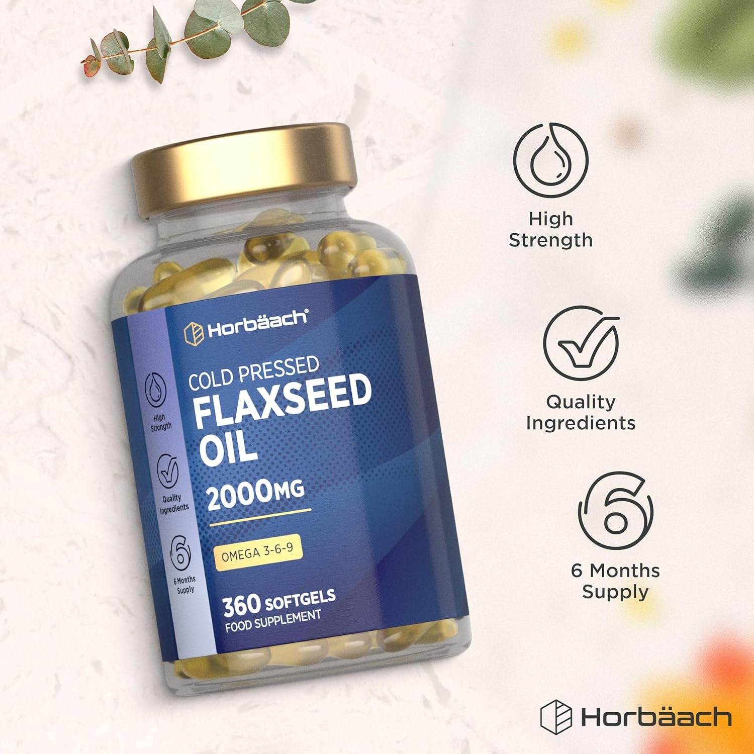 Flaxseed Oil Capsules 2000Mg | 360 Softgels | Omega 3 6 9 with High Strength Alpha Linolenic Acid (ALA) | Cold Pressed Supplement | by Horbaach