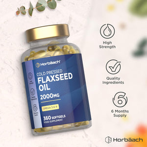 Flaxseed Oil Capsules 2000Mg | 360 Softgels | Omega 3 6 9 with High Strength Alpha Linolenic Acid (ALA) | Cold Pressed Supplement | by Horbaach