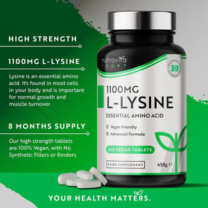 L-Lysine 1100Mg High Strength - 240 Vegan & Gluten Free Tablets (8 Month Supply) - Cold Sore Treatment, Essential Amino Acid Supplement - Normal Growth and Muscle Turnover - Made in the UK - Nutravita