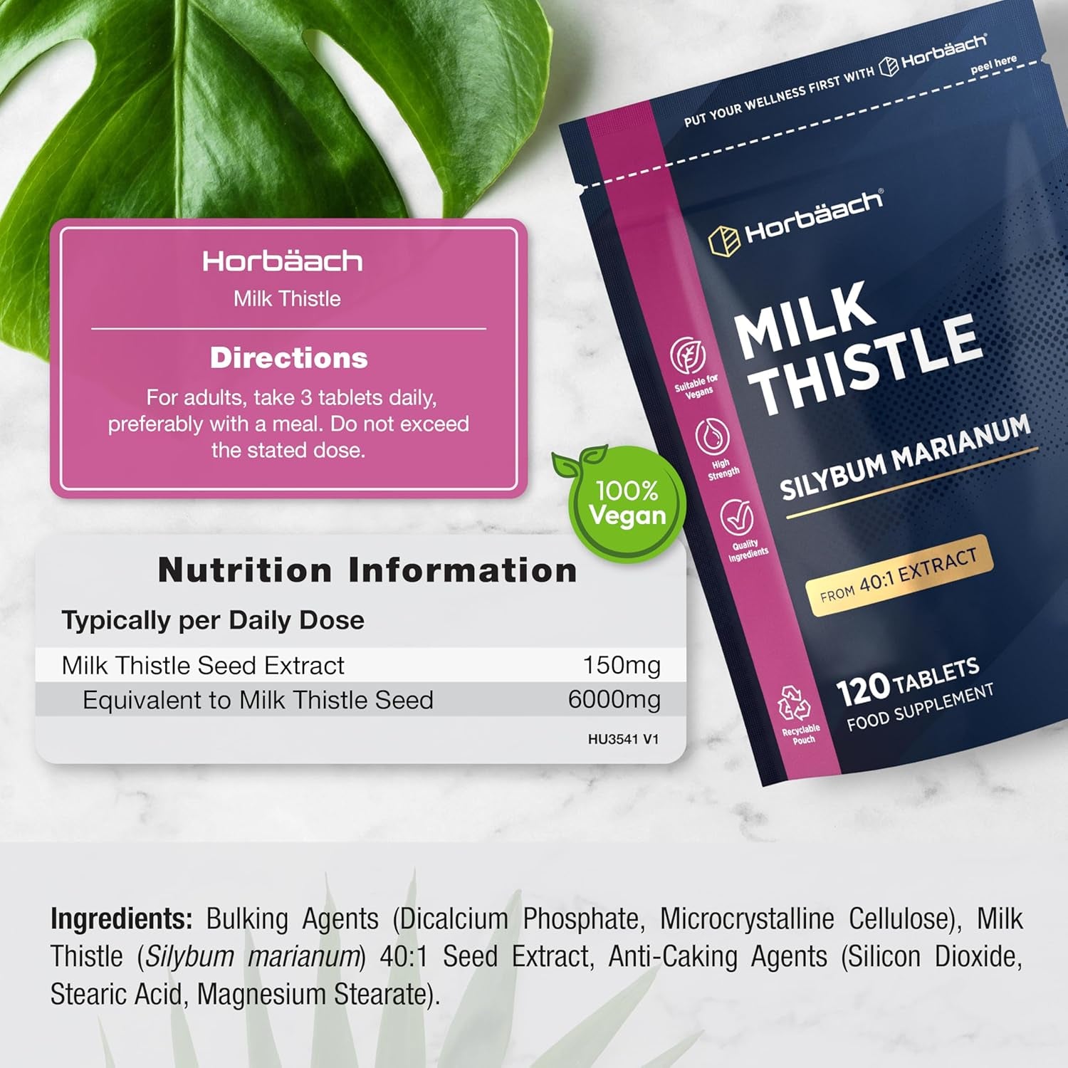 Milk Thistle Tablets | High Strength 120 Vegan Tablets | Silybum Marianum Extract | Recyclable & Resealable Pouch | by Horbaach