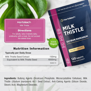 Milk Thistle Tablets | High Strength 120 Vegan Tablets | Silybum Marianum Extract | Recyclable & Resealable Pouch | by Horbaach
