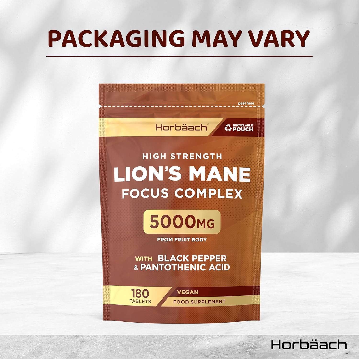 Lions Mane Supplement 5000Mg | Focus Complex with Vitamin B5 & Black Pepper | Lion'S Mane Mushroom Mental Performance Supplement | 180 Vegan Tablets | by Horbaach
