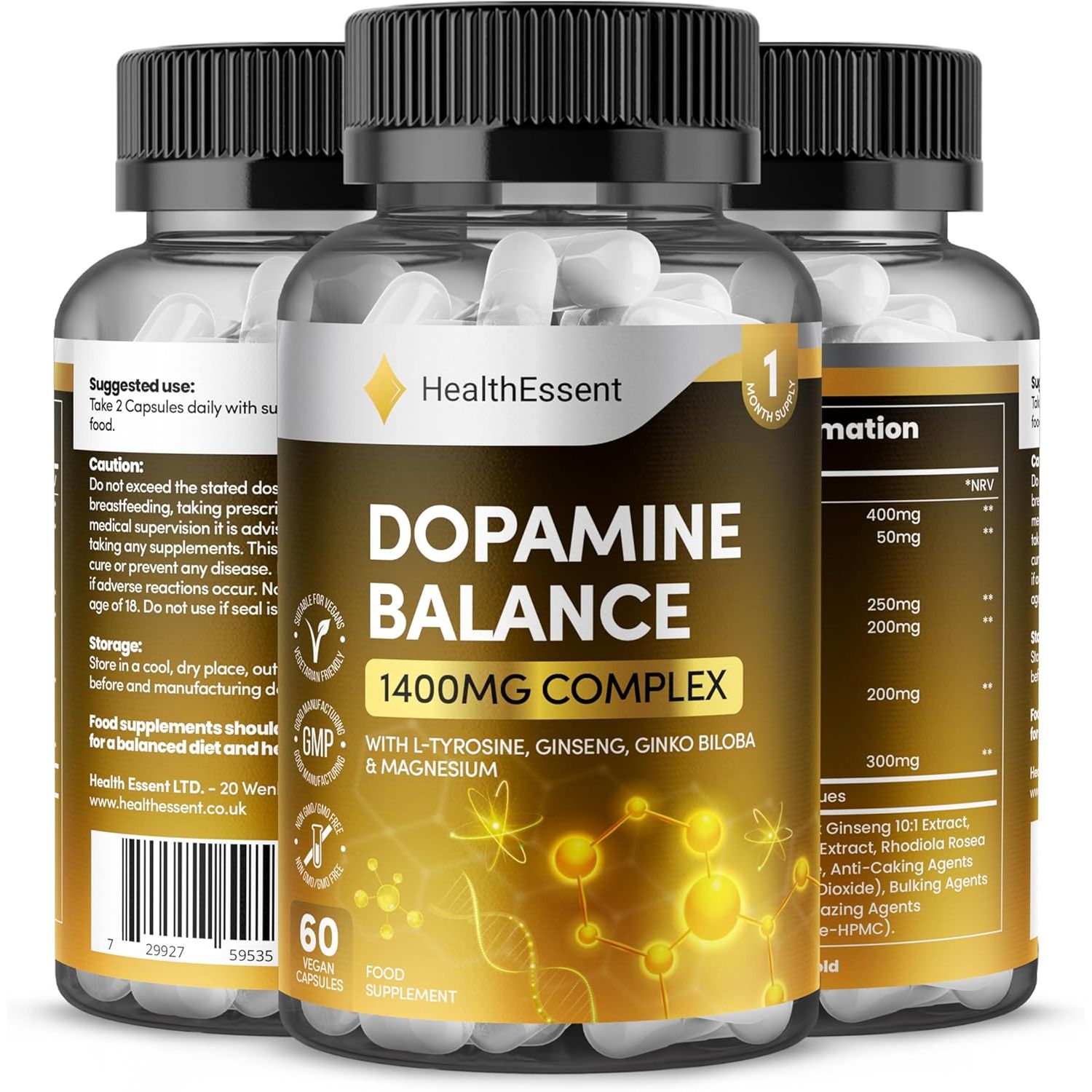 Dopamine Supplements, Balance Dopamine Levels 1400Mg Potent Complex, L Tyrosine with Added Panax Ginseng, L-Theanine, Ginkgo Biloba & Magnesium, Productivity Increase - 60 Vegan Capsules Healthessent