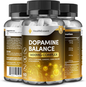 Dopamine Supplements, Balance Dopamine Levels 1400Mg Potent Complex, L Tyrosine with Added Panax Ginseng, L-Theanine, Ginkgo Biloba & Magnesium, Productivity Increase - 60 Vegan Capsules Healthessent