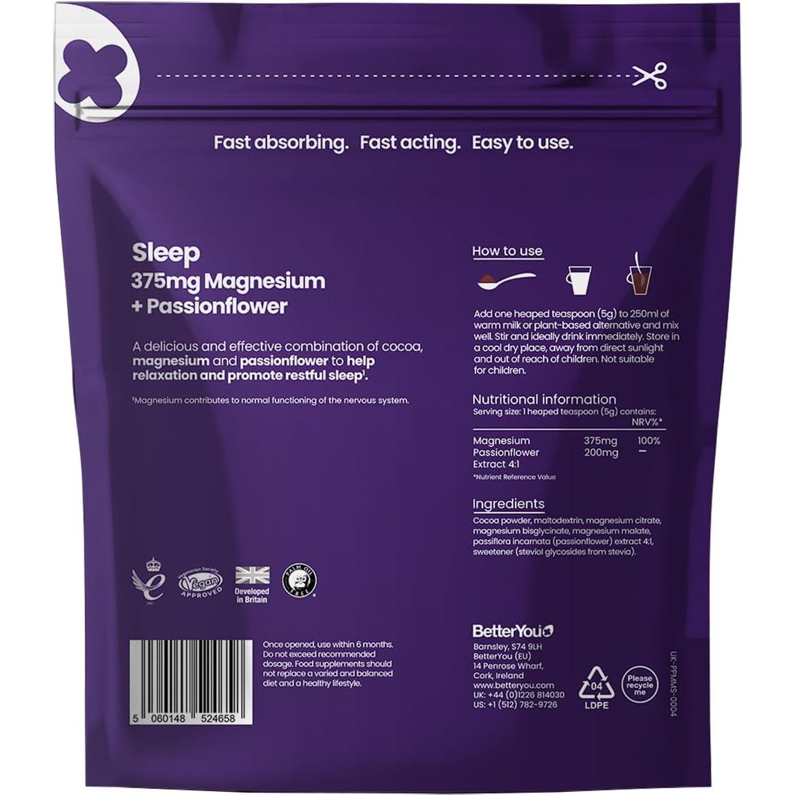 Betteryou Magnesium Glycinate, Citrate and Malate Sleep Powder Supplement, 1941Mg 3-In-1 Complex Magnesium Delivering Optimally Bioavailable 375Mg Elemental 200Mg Passionflower, Hot Chocolate Powder