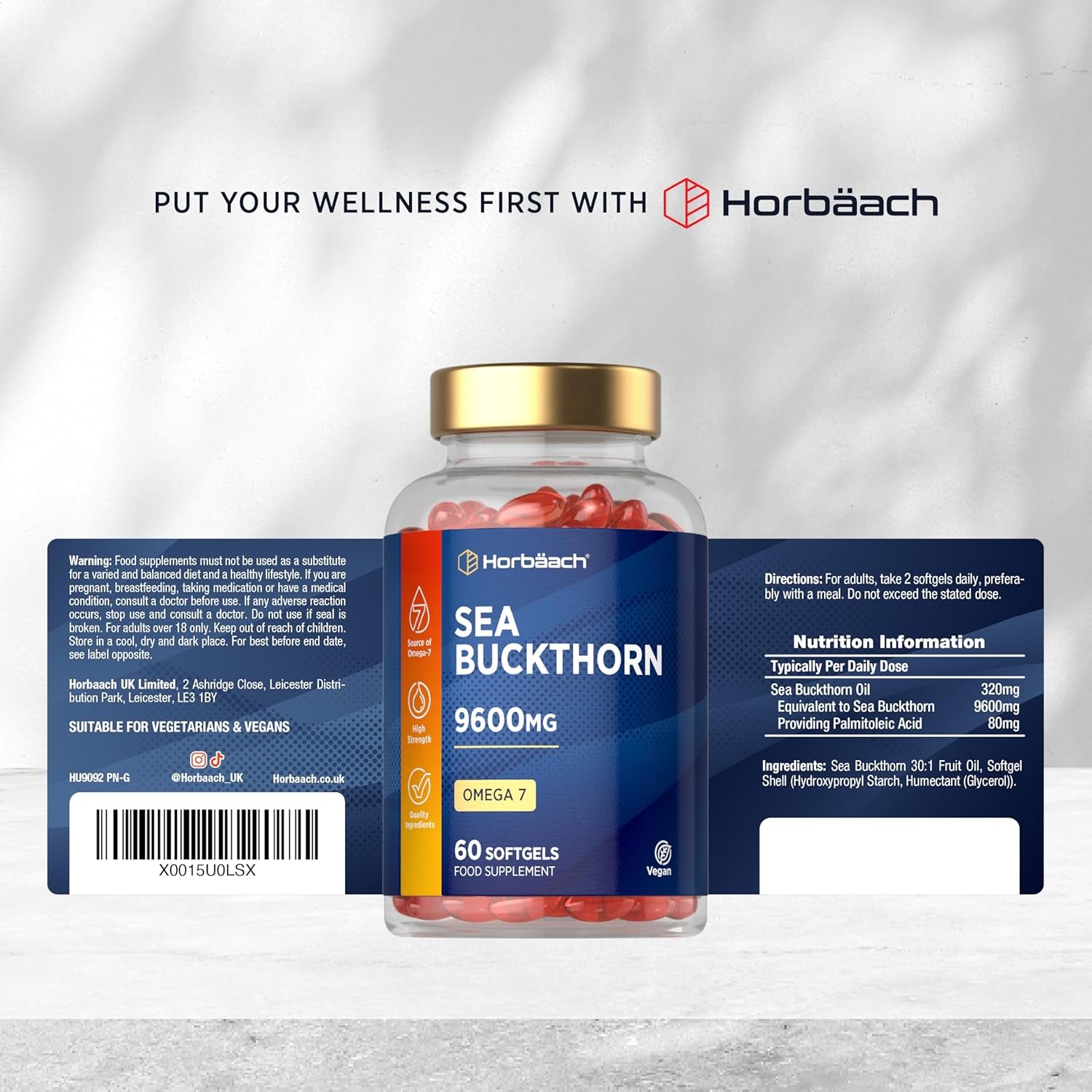 Sea Buckthorn Oil Capsules 9600Mg | High Strength Vegan Supplement | Source of Omega 7 Essential Fatty Acids | 60 Count | by Horbaach