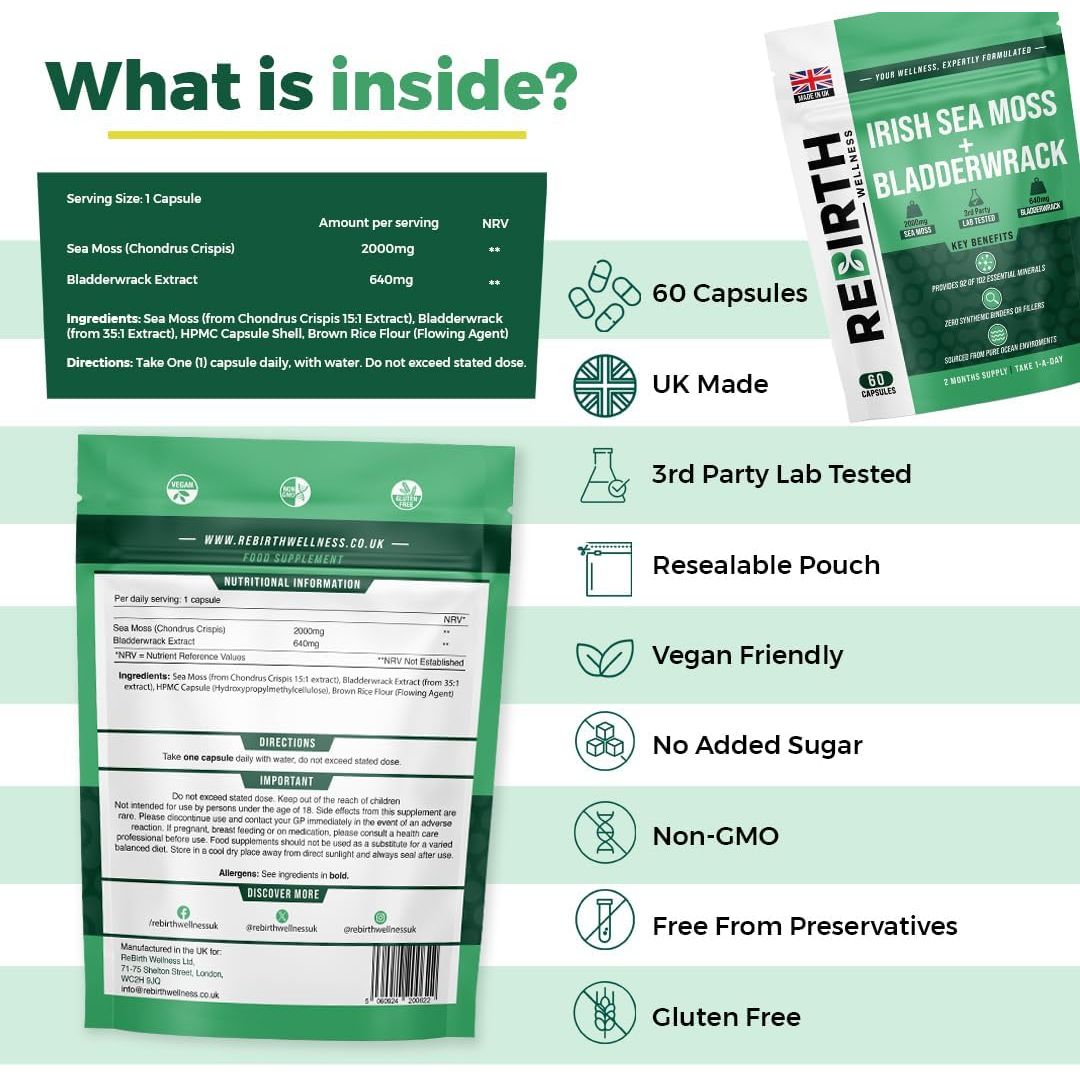 Sea Moss and Bladderwrack - 60 High Strength Capsules - 2 Month Supply - Vegan Friendly -No Synthetic Fillers or Binders - Made in the UK - Rebirth Wellness