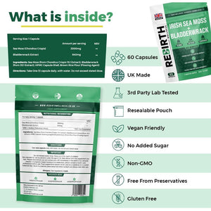 Sea Moss and Bladderwrack - 60 High Strength Capsules - 2 Month Supply - Vegan Friendly -No Synthetic Fillers or Binders - Made in the UK - Rebirth Wellness