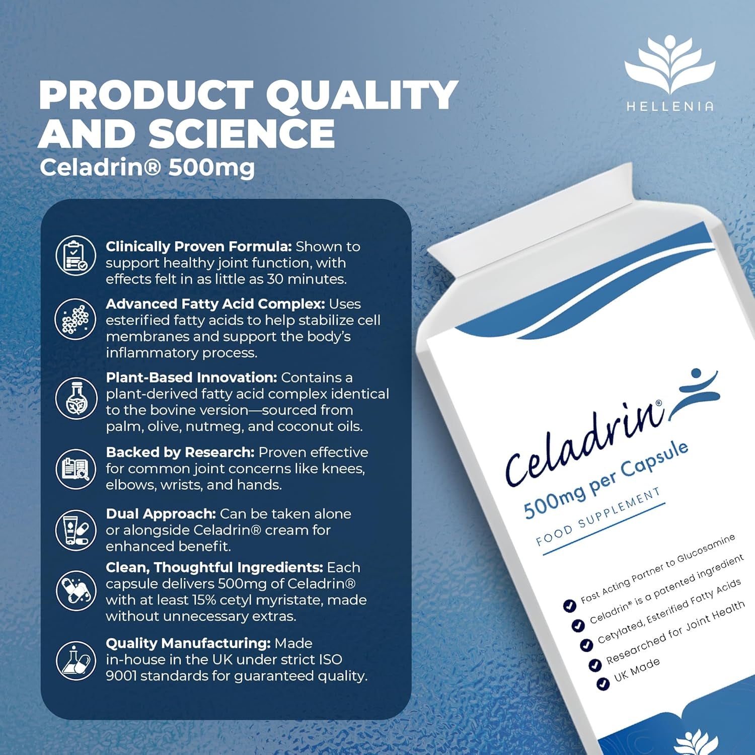 Celadrin® Capsules 500Mg | Potent Joint Care Supplement | Branded Ingredient | Clinically Researched for Improved Joint Function & Mobility | 90 Capsules - Vegan Friendly | Made in the UK by Hellenia
