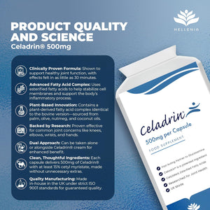 Celadrin® Capsules 500Mg | Potent Joint Care Supplement | Branded Ingredient | Clinically Researched for Improved Joint Function & Mobility | 90 Capsules - Vegan Friendly | Made in the UK by Hellenia