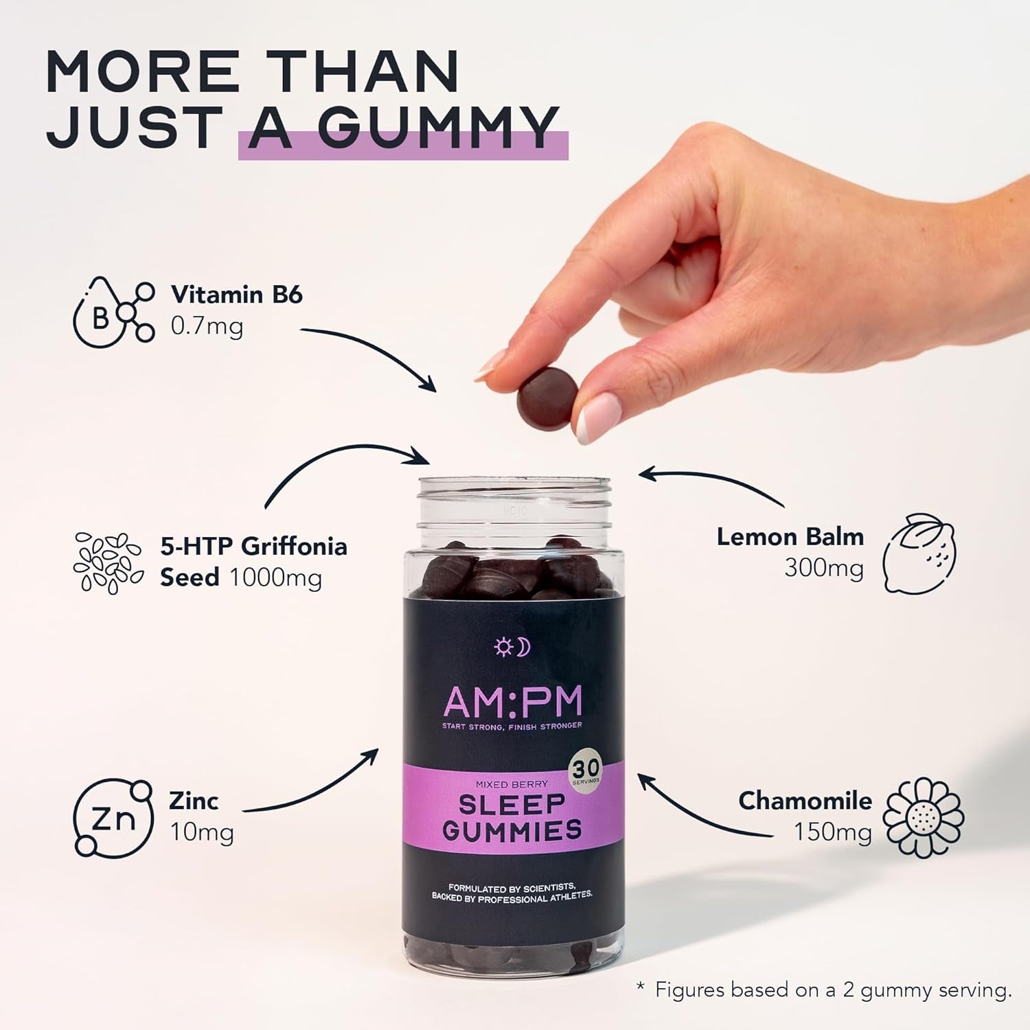 AM:PM Sleep Gummies - Vegan Sleep Aid with Natural Ingredients - Lemon Balm, Chamomile, Zinc, Vitamin B6 & 5-HTP - Berry Flavour - 60 Gummies (30 Day Supply)
