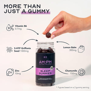 AM:PM Sleep Gummies - Vegan Sleep Aid with Natural Ingredients - Lemon Balm, Chamomile, Zinc, Vitamin B6 & 5-HTP - Berry Flavour - 60 Gummies (30 Day Supply)