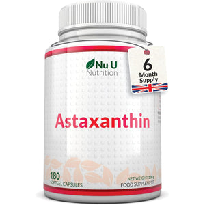 Astaxanthin 12Mg - 180 High Strength Softgel Capsules - 6 Month Supply - Powerful Antioxidant Supplement - Astaxanthin from Haemotococcus Pluvialis Algae - Made in the UK - Nu U Nutrition
