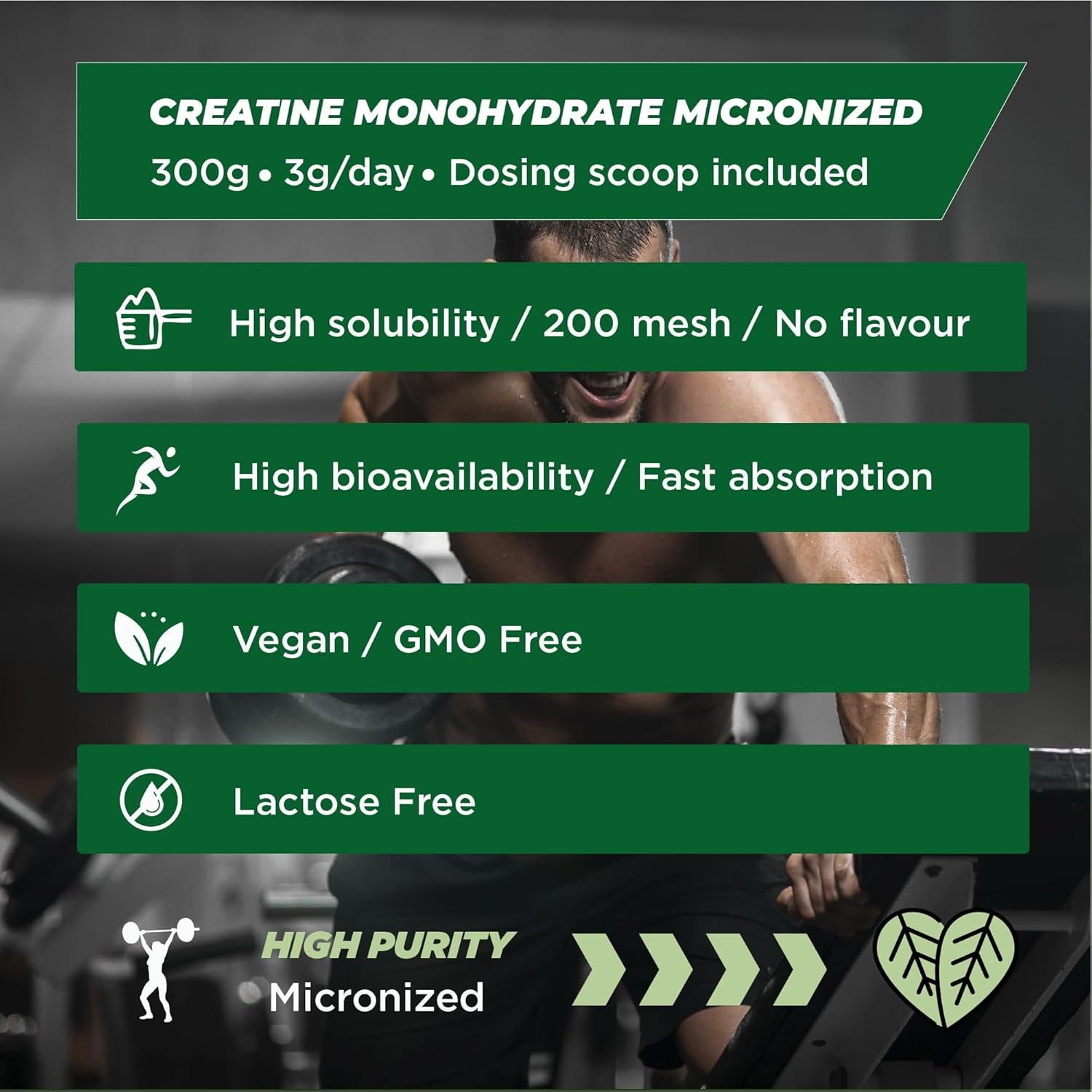 Pure Creatine Monohydrate Powder 300 Grams Unflavoured Micronised, 100 Servings, 3.3 + Months Pre Workout or Post Recovery Powder Muscle Growth Supplements Gym for Men & Women Vegan Scoop Included