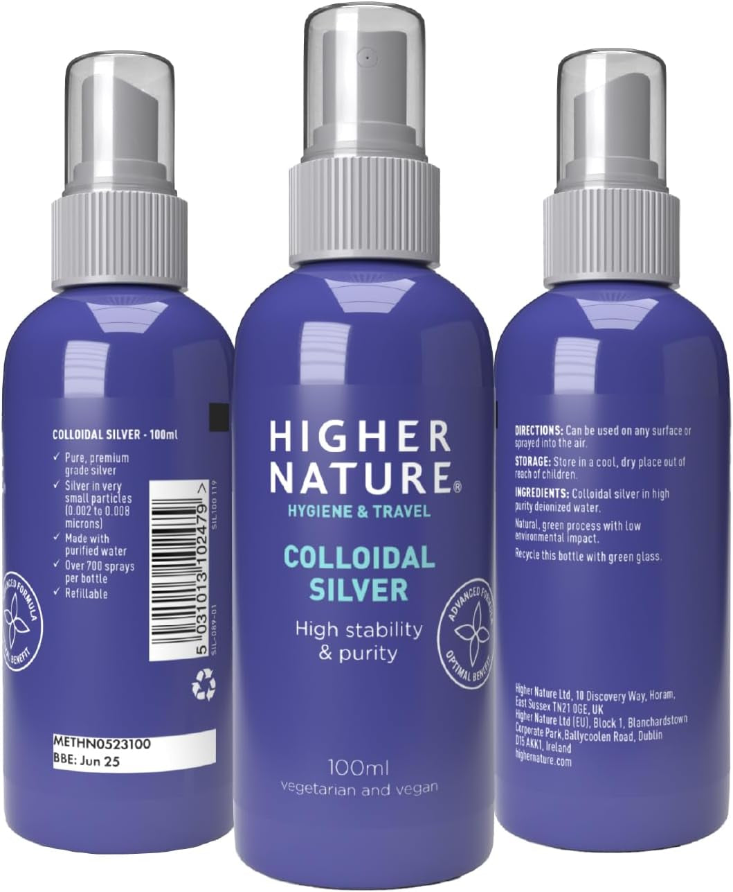 Higher Nature - Colloidal Silver - Purified Water with Premium Grade Silver - Antiseptic Spray, Disinfectant Spray, Colloidal Silver Spray - 100Ml