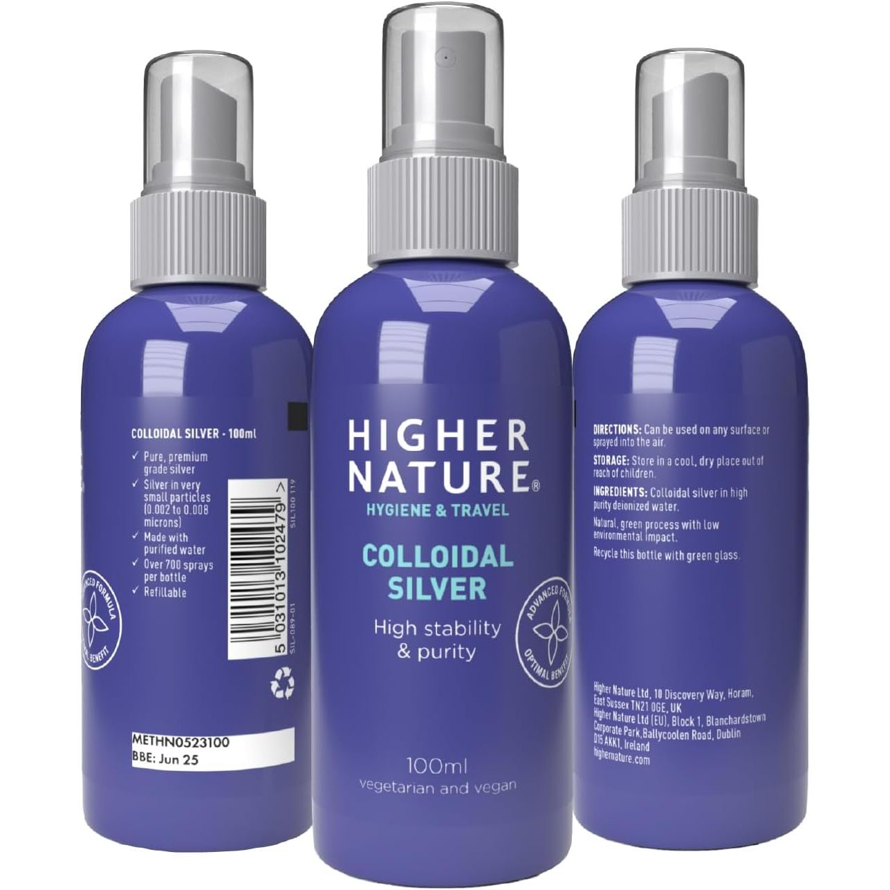 Higher Nature - Colloidal Silver - Purified Water with Premium Grade Silver - Antiseptic Spray, Disinfectant Spray, Colloidal Silver Spray - 100Ml