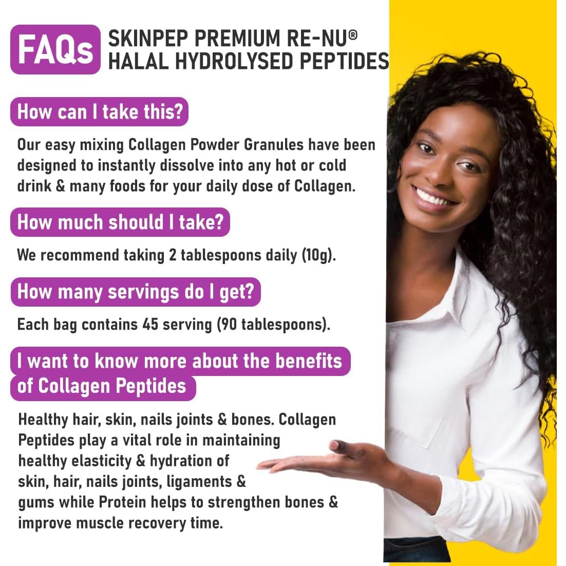 Collagen Powder 450G (+ 400Mg VIT C per 10G) Ultra Premium Double Hydrolysed Bovine Collagen Peptides by Skinpep - Halal Certified - 8 Essential Amino Acids, Collagen Supplements, Made in UK