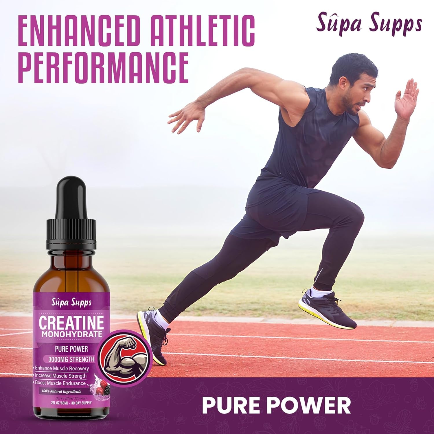 Creatine Monohydrate Drops 60Ml - Liquid Alternative to Creatine Monohydrate Powder, Ideal for Gym Performance, Bulk Creatine Formula, Supports Muscle Growth, Recovery, and Energy - Berry Flavour