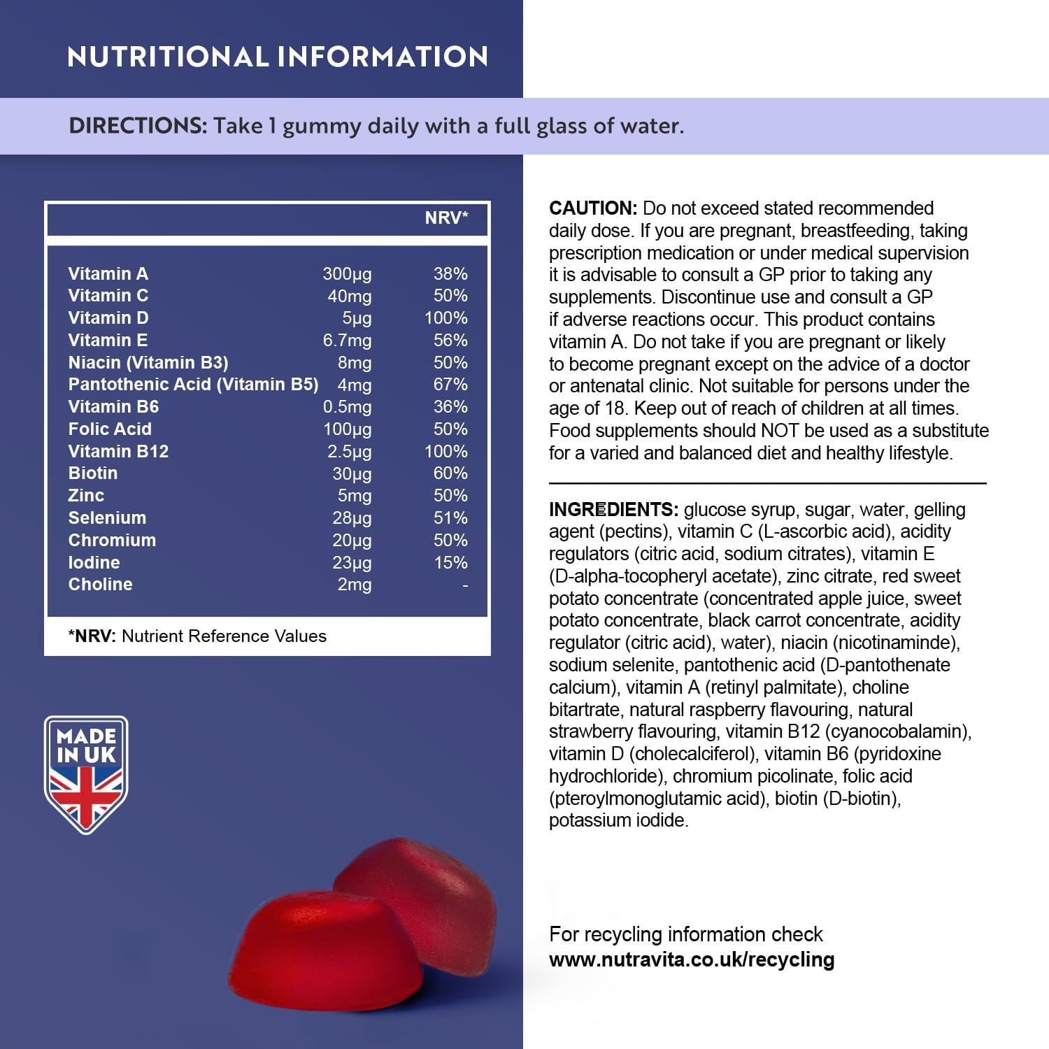 Vegan Multivitamin Gummies for Women & Men – 60 Berry Flavour Chewable Adult Multivitamins (2 Month Supply) Daily Supplement with 14 Vitamins & Minerals Incl. Vitamin C D3 B12 Biotin Zinc – Nutravita