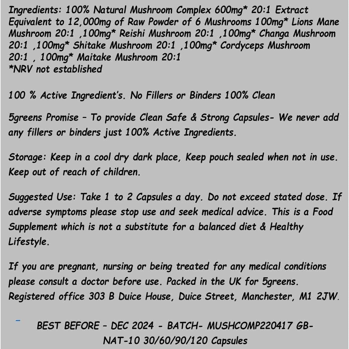 Mushroom Complex 6 Lions Mane, Reishi,Shitake, Chaga, Cordyceps Maitake 12,000Mg No Chemicals 100% Natural 100% Vegan 120 Capsules