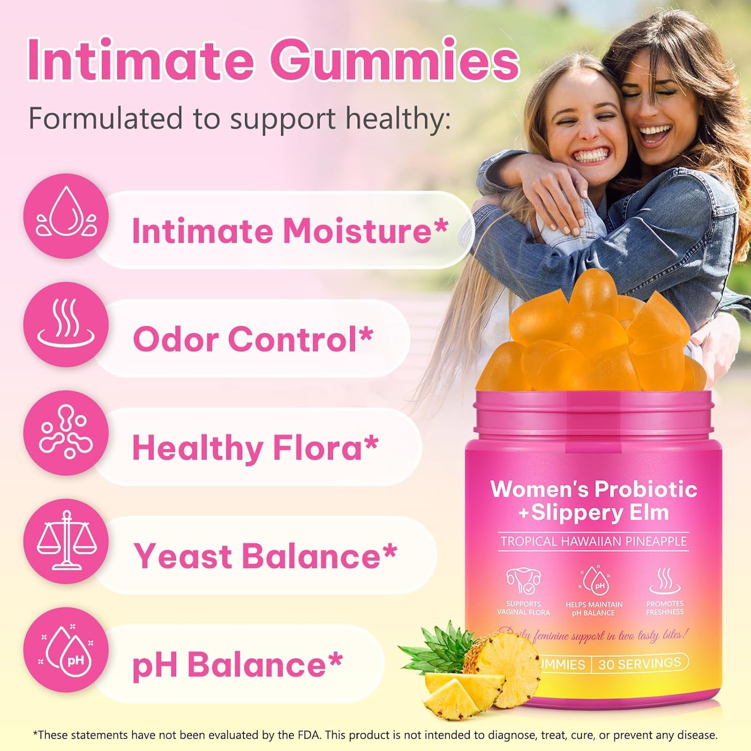 Probiotics for Women Gummies with Slippery Elm, Vegan Intimate Feminine Balance Probiotics Gummies Pineapple Flavor Supports Ph Balance, Gut Health & Immune System 60 Gummies