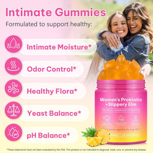 Probiotics for Women Gummies with Slippery Elm, Vegan Intimate Feminine Balance Probiotics Gummies Pineapple Flavor Supports Ph Balance, Gut Health & Immune System 60 Gummies