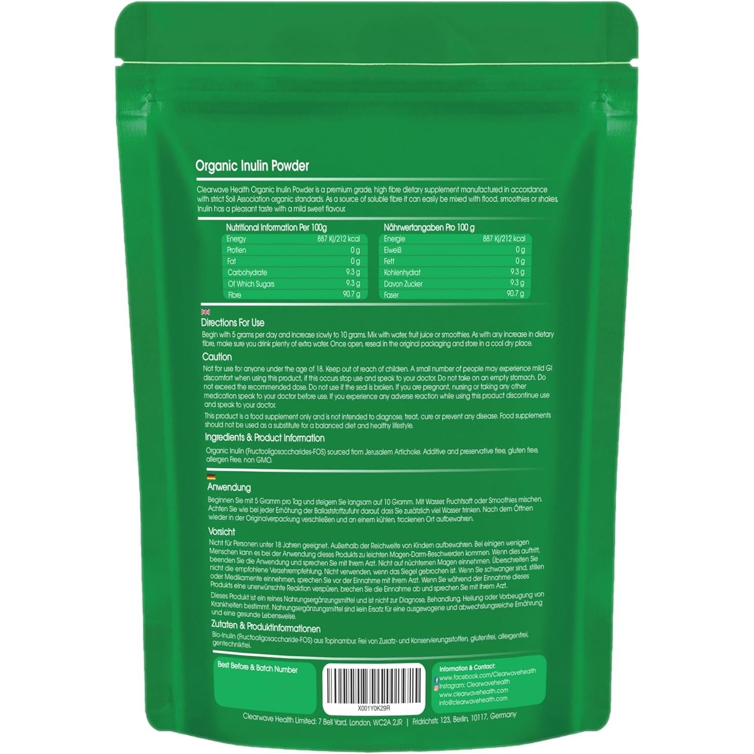 Organic Inulin Powder | 250G | Prebiotic Fibre Supplement | Soluble Fibre Powder for Gut Health & Digestion | by Clearwave Health