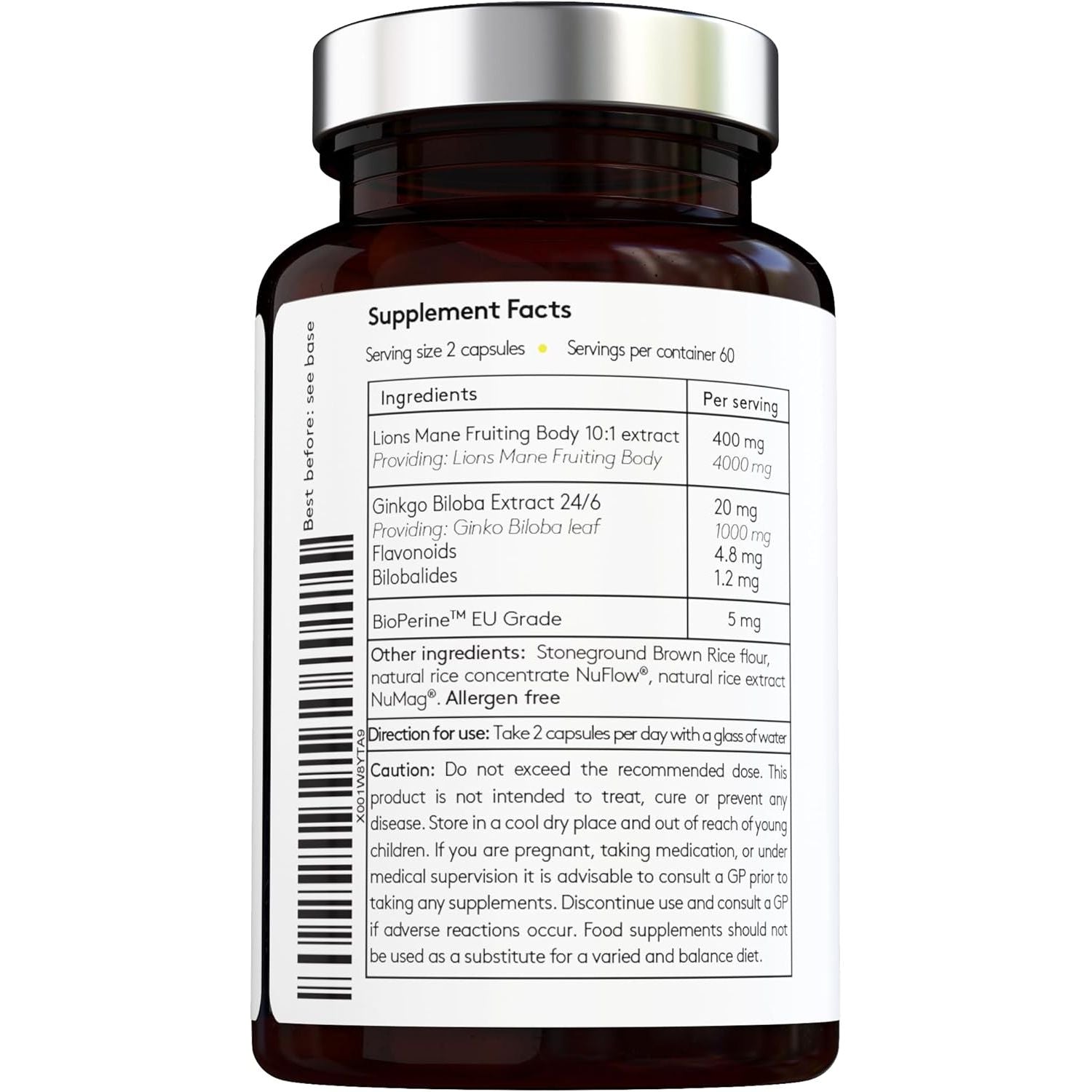 [Vital Haven] Complex Cognitive Formula - Lion'S Mane (4000Mg) & Gingko Biloba (1000Mg) - 120 Vegan Capsules - Max Potency - with Piperine for Maximal Absorption - Made in the UK