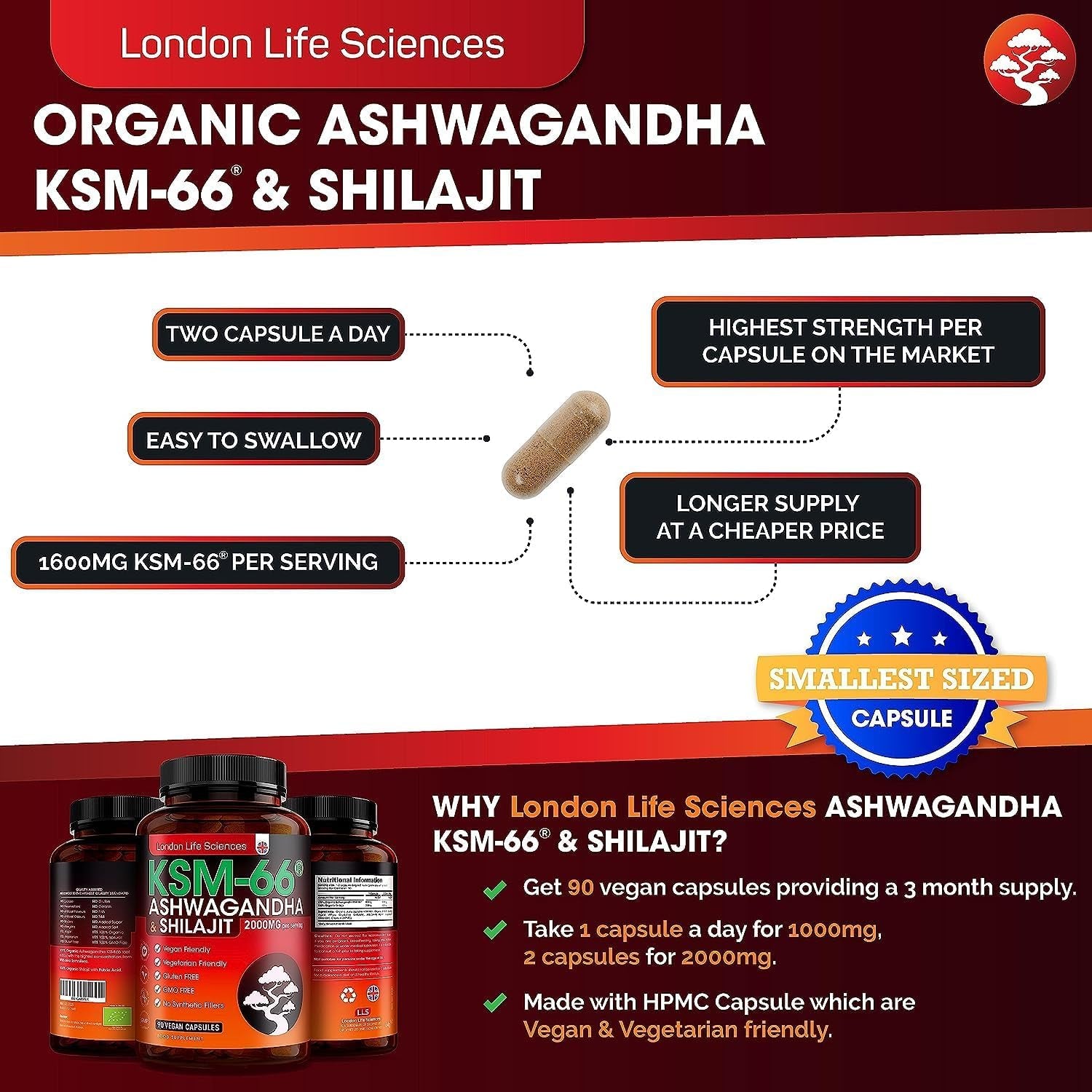 Organic SHILAJIT with Ashwagandha KSM-66® 2000Mg (2 Month Supply) | Root Extract | Vegan Ayurveda Medicine Supplement | Higher Bioavailability & Gluten-Free, Non-Gmo, UK, London Life Sciences®