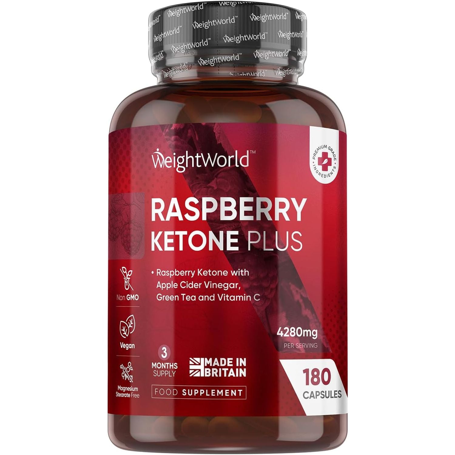 Raspberry Ketone plus 4280Mg - 180 Vegan Capsules - with Apple Cider Vinegar, Vitamin C, Caffeine & Green Tea - 3 Months Supply - Keto & Low Carb Diet-Friendly Raspberry Ketones Supplement