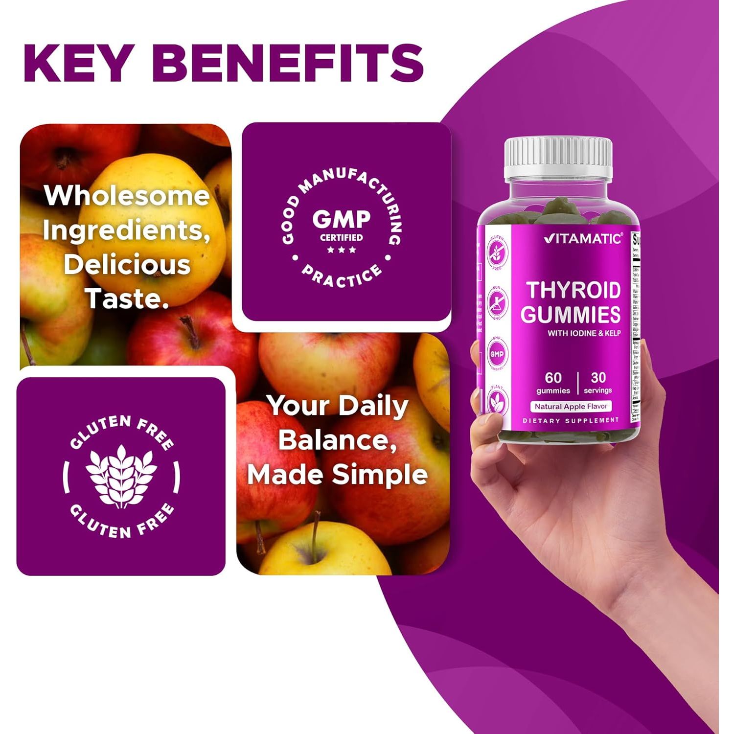 Vitamatic Vegan Thyroid Support Gummies with Iodine & Kelp - 60 Count - Improve Your Energy & Increase Metabolism - Plant Based