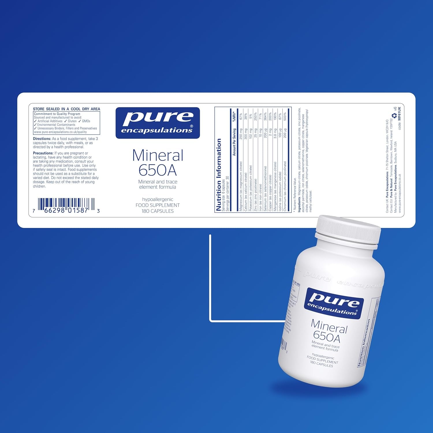 Pure Encapsulations Mineral 650A - with Calcium, Magnesium, Iron, Iodine, Selenium & Zinc - Hypoallergenic Mineral and Trace Element Formula - 180 Capsules