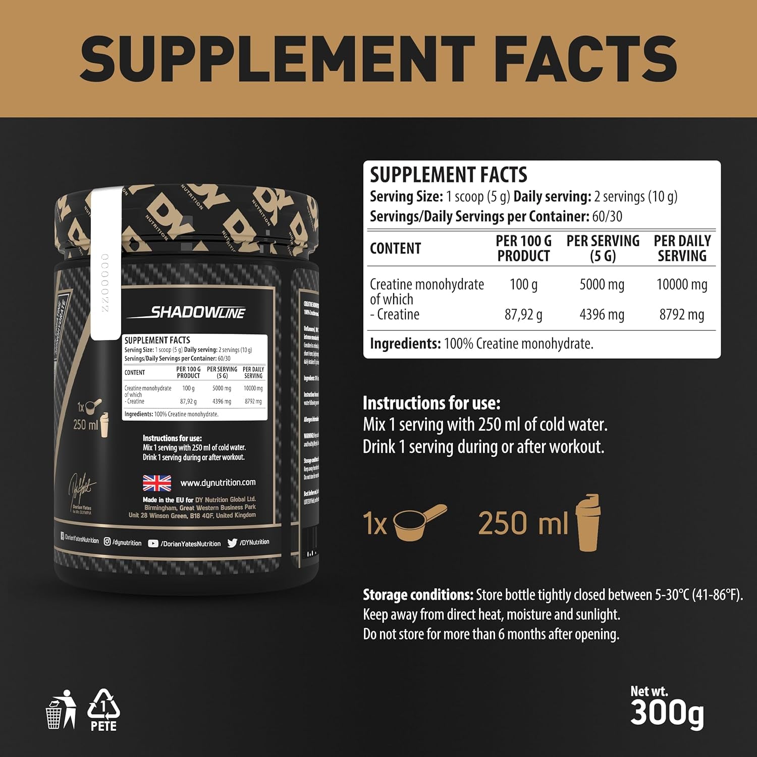 DY Nutrition Pure Creatine Monohydrate Powder 300 G, Unflavoured X60 Servings, 2 Month Supply – Increases High Intensity Performance. Gluten Free, Vegan Friendly Supplement