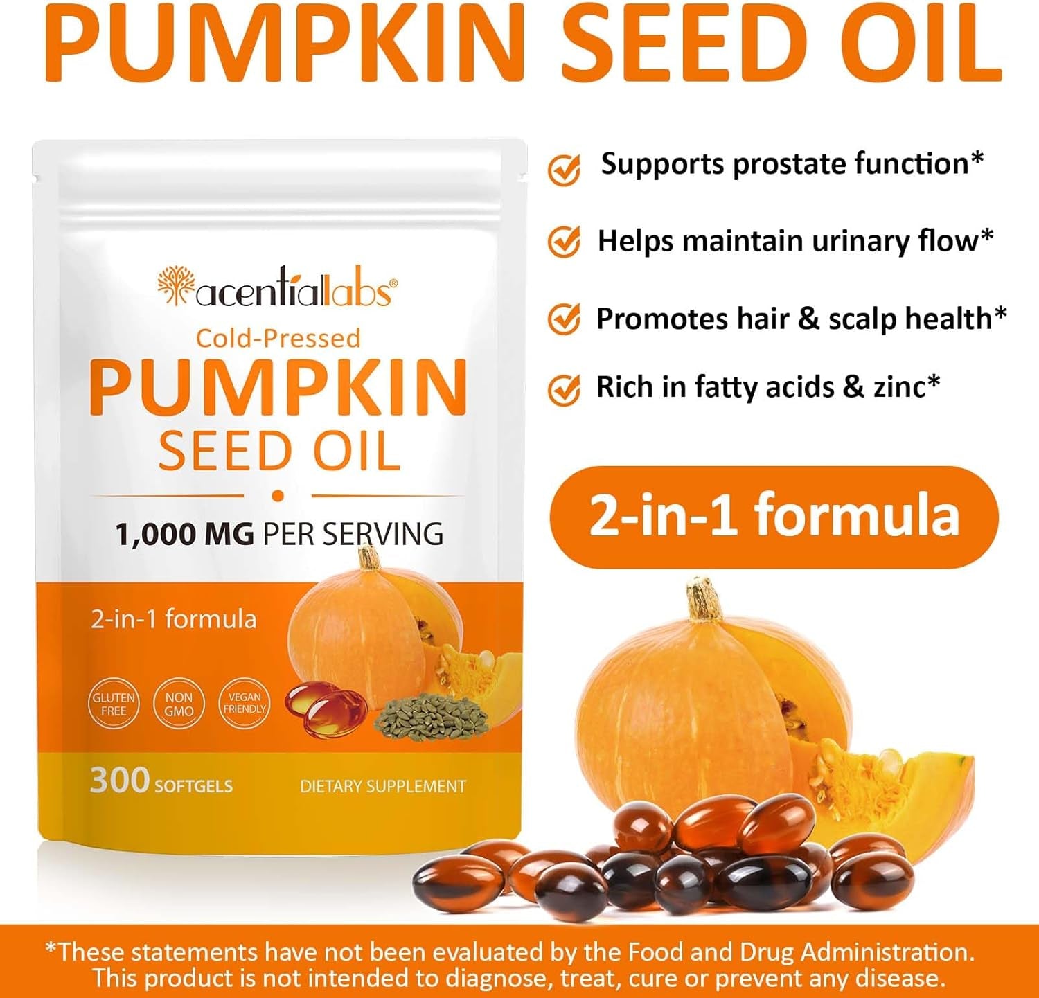 Pumpkin Seed Oil Capsules, Pumpkin Seed Oil Capsules Cold-Pressed 1,000 Mg per Serving, Supports Prostate Function, Hair Health, Rich in Essential Fatty Acids & Zin