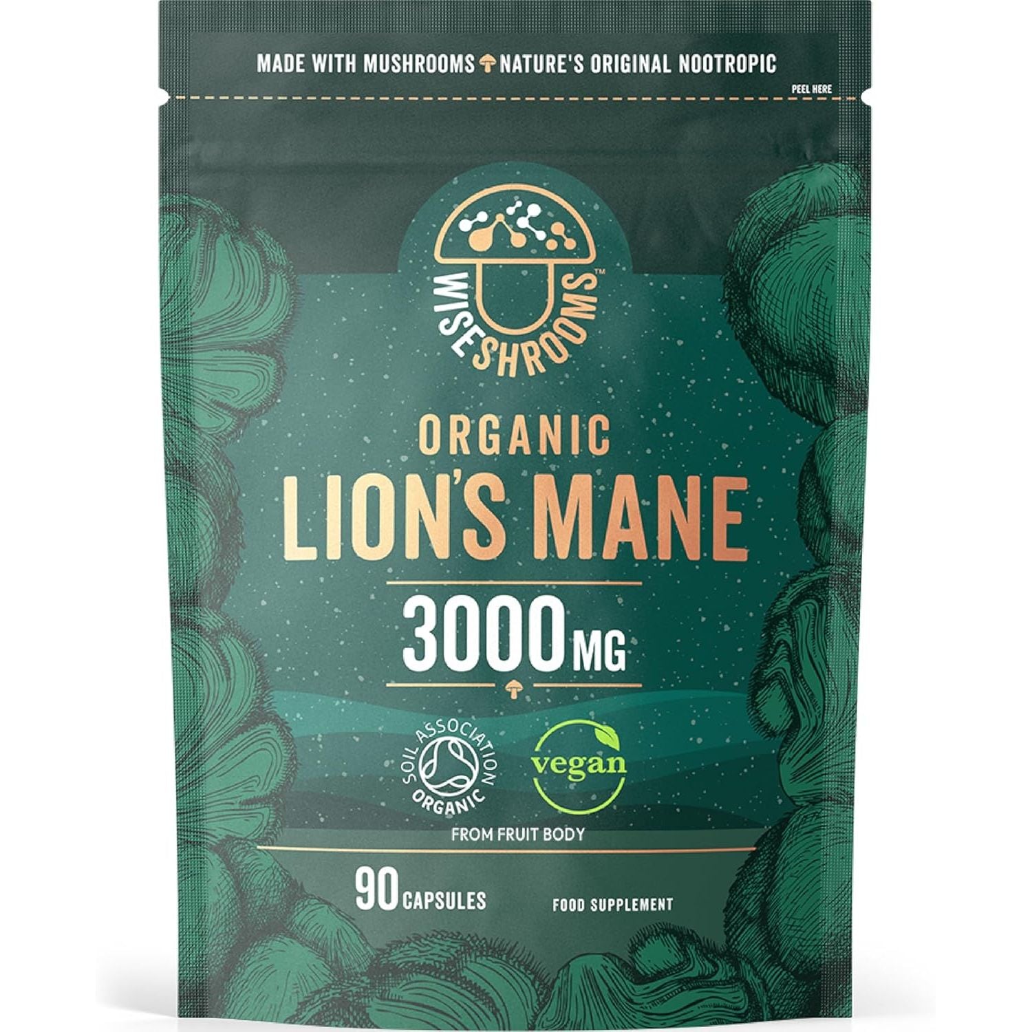 Organic Lions Mane Supplement 3000Mg | High Strength Mushroom Supplement | from Fruit Body | 90 Vegan Capsules | by Wiseshrooms