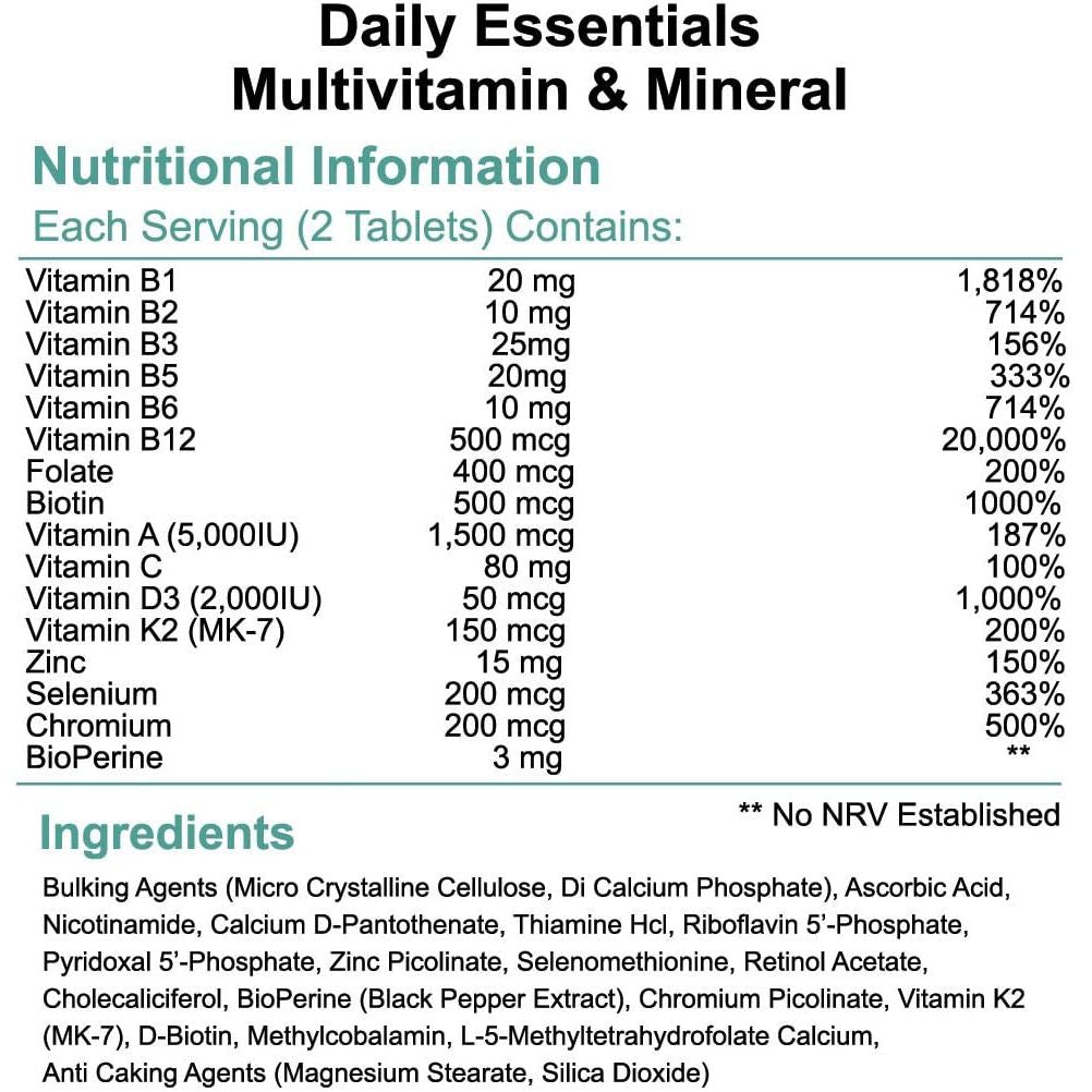 Daily Essentials Multivitamin & Mineral X 120 Tablets - 2 a Day Formula with Methylcobalamin, P-5-P, Methyl Folate, Bioperine and Chelated Minerals
