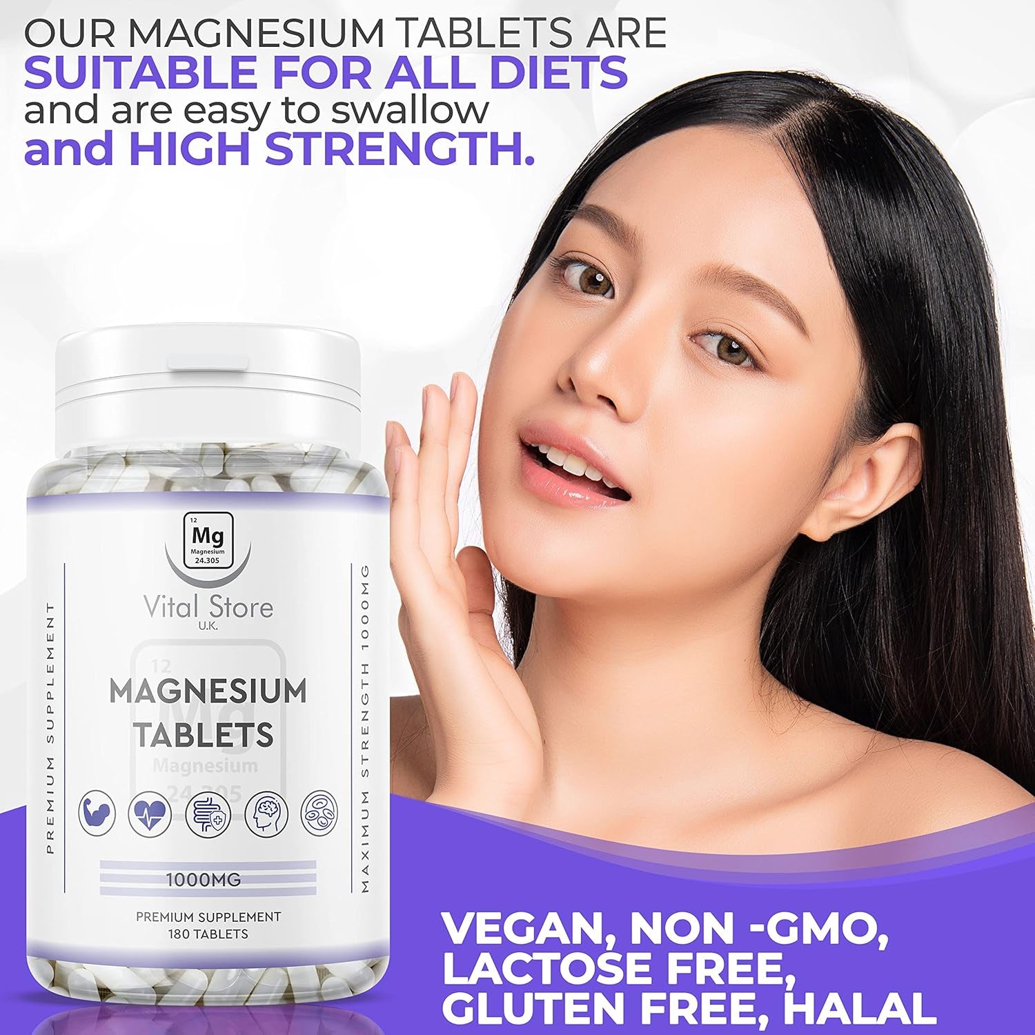 Magnesium Tablets 180Ct - 1000MG Providing 400MG Elemental Magnesium - Vegan 6 Month Supply 180 Magnesium Tablets - Magnesium Supplements