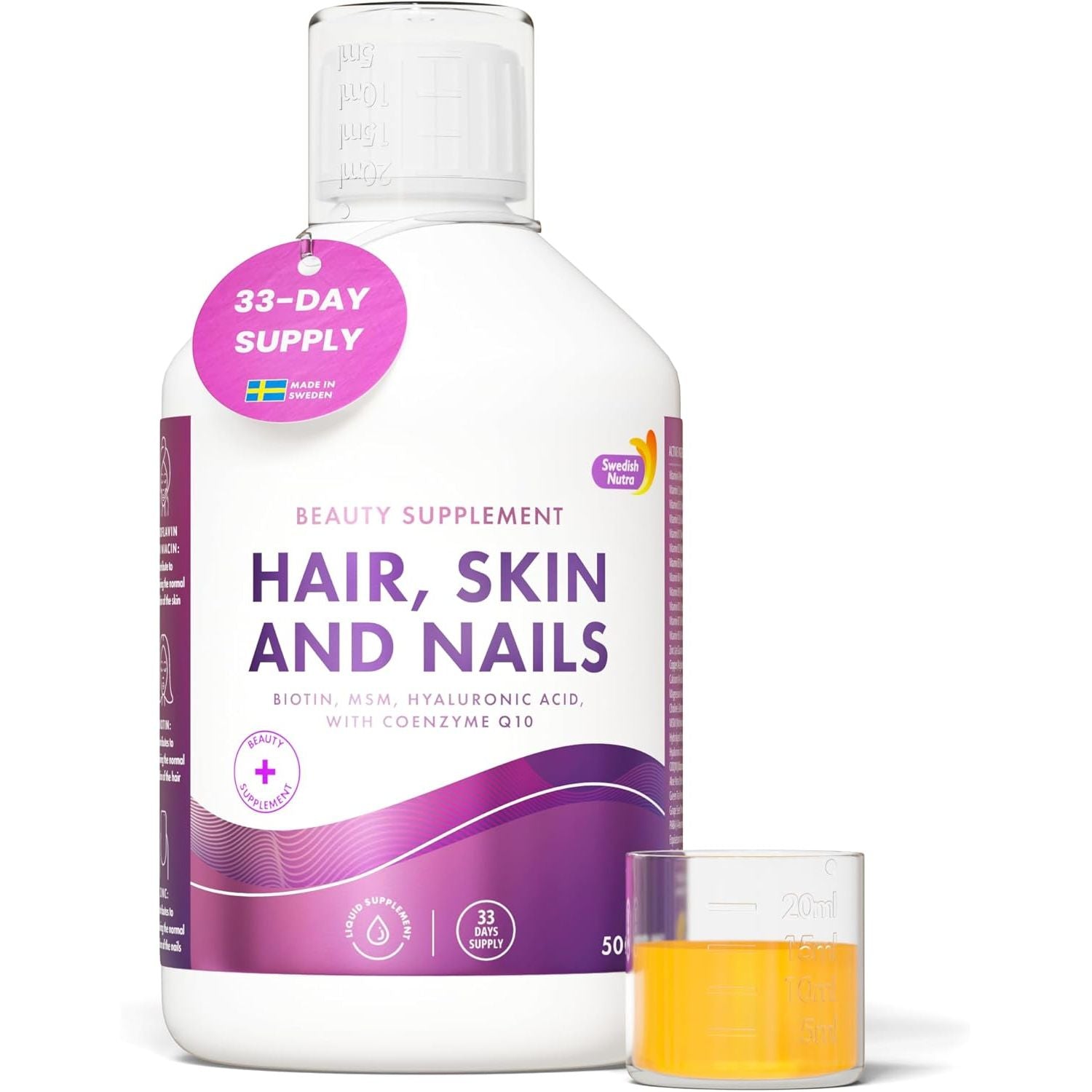 Swedish Nutra - Hair, Skin & Nails Liquid Supplement - Pack of 500 Ml, 33 Day Supply | plus Collagen, Biotin, Vitamins, MSM, Hyaluronic Acid & Coq10 | Gluten Free | 100% Natural Orange Flavour