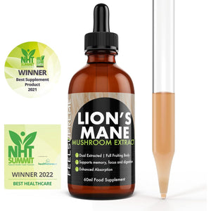 Feel Supreme - Lions Mane Supplement High Strength Mushroom Extract - Liquid Drops, 10:1 - Whole Fruiting Body - Brain Booster Supplements, Mushroom Supplement, Lions Mane Drops - 60Ml