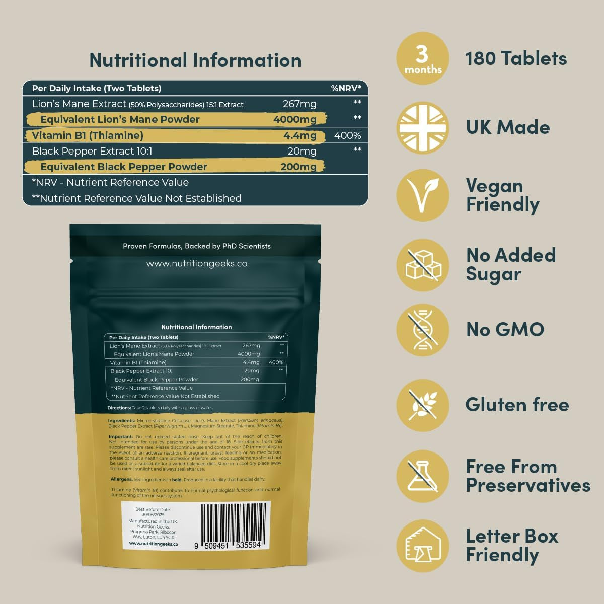 Lions Mane Supplement 4000Mg with Vitamin B1 & Black Pepper, 180 Vegan Tablets - Lion'S Mane Mushroom 15:1 Extract (Not Lions Mane Powder or Capsules), UK Made for Mental Performance & Nervous System