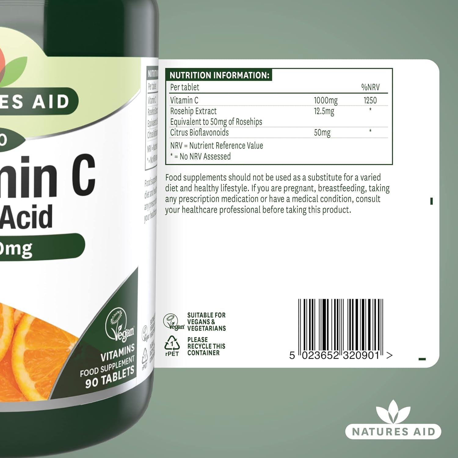 Natures Aid Low Acid Vitamin C 1000Mg – High Strength Immune Support, Antioxidant Protection – Gentle on Stomach – Supports Collagen, Skin, Energy & Iron Absorption – Vegan - 90 Tablets