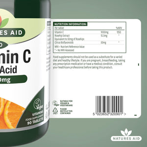 Natures Aid Low Acid Vitamin C 1000Mg – High Strength Immune Support, Antioxidant Protection – Gentle on Stomach – Supports Collagen, Skin, Energy & Iron Absorption – Vegan - 90 Tablets