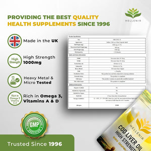 Cod Liver Oil Capsules High Strength 1000Mg | 360 Fish Oil Capsules UK Made - 1 Year Supply | Rich Source of Omega 3 Essential Fatty Acids | High EPA DHA | Gluten Free - Made in the UK for Hellenia