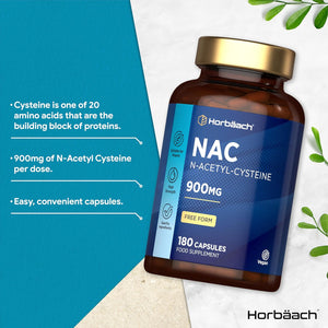 NAC Supplement N-Acetyl-Cysteine 900Mg | 180 Vegan Capsules | Amino Acids High Strength | Free Form | by Horbaach