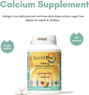 Sunvit-Pro Calcium Carbonate Tablets 600Mg Tutti Frutti Flavor - Calcium Supplements for Women & Men Supports Heart, Bones, Joint & Digestive Health - Gluten Free 100 Chewable Tablets