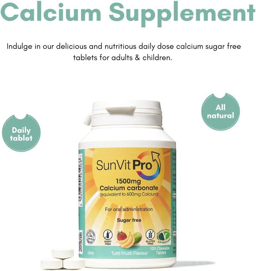 Sunvit-Pro Calcium Carbonate Tablets 600Mg Tutti Frutti Flavor - Calcium Supplements for Women & Men Supports Heart, Bones, Joint & Digestive Health - Gluten Free 100 Chewable Tablets