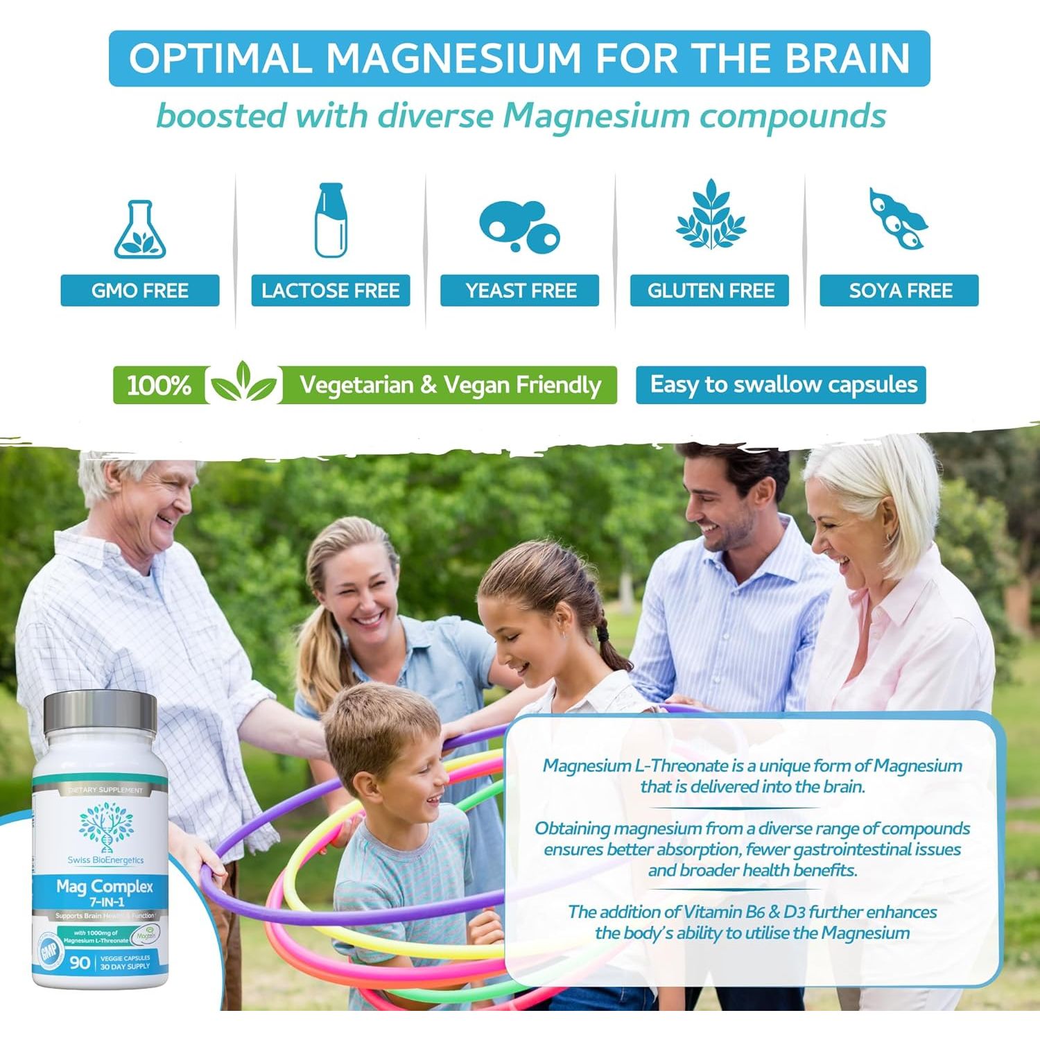 Magnesium L-Threonate Complex 7-In-1 with 1000Mg of Magtein plus Magnesium as Bisglycinate, Taurate, Citrate, Gluconate, Malate & Lactate - Supports Sleep - Vegan, UK Made and No Artificial Nasties